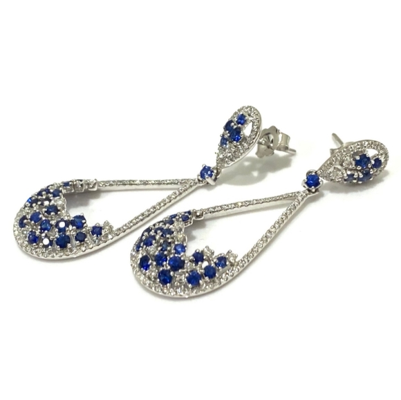 14k White Gold Blue Sapphire & Diamond Chandelier Teardrop Earrings. - Picture 3 of 4